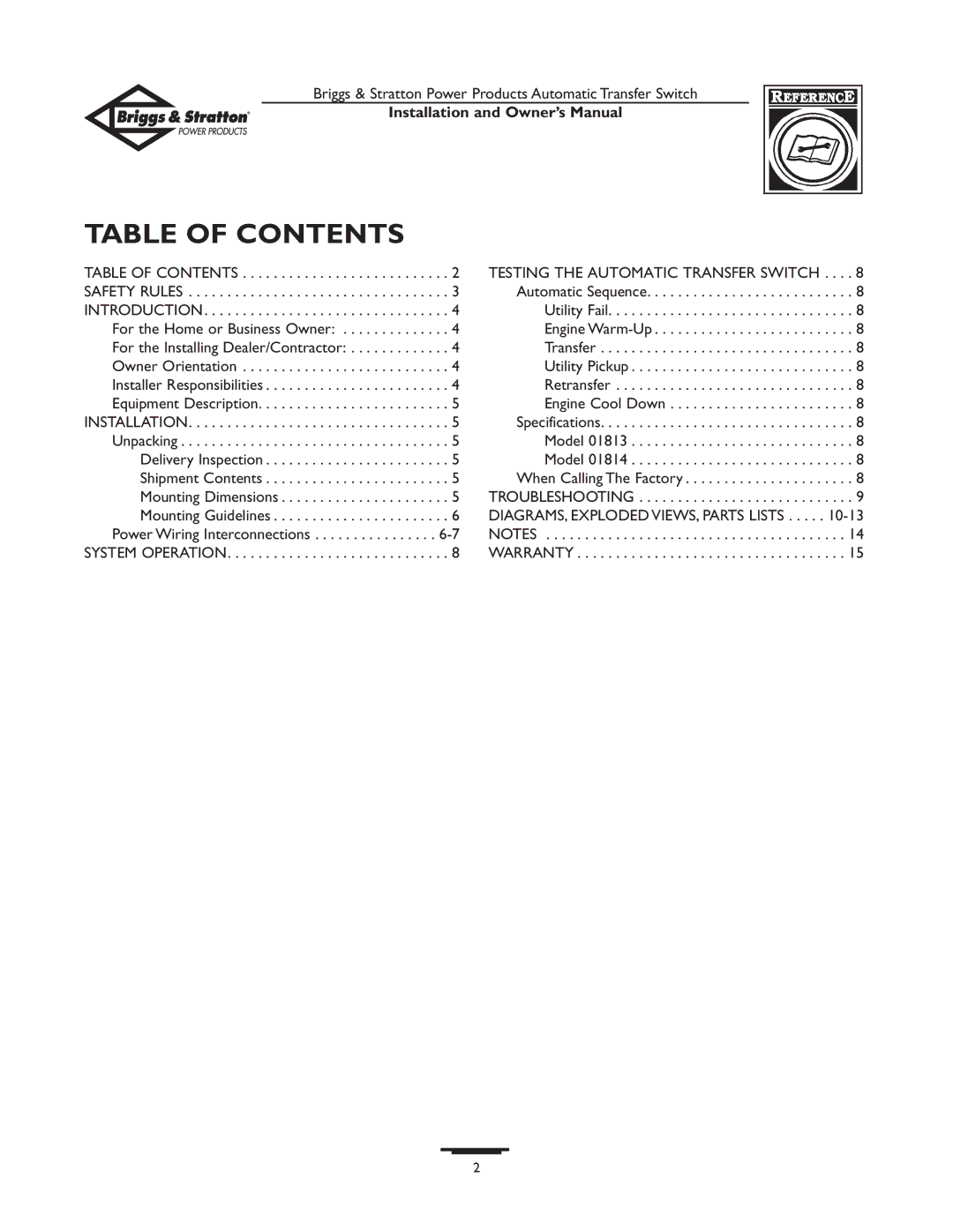 Briggs & Stratton 01814-0, 01813-0 owner manual Table of Contents 