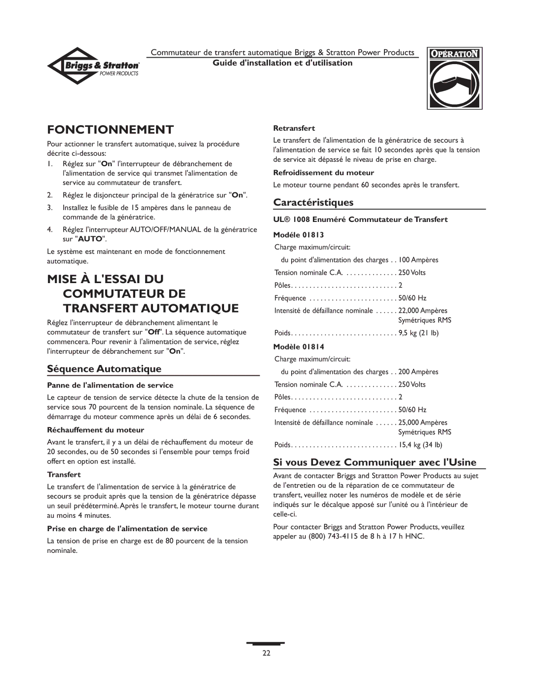 Briggs & Stratton 01814-0 Fonctionnement, Mise À Lessai DU Commutateur DE Transfert Automatique, Séquence Automatique 