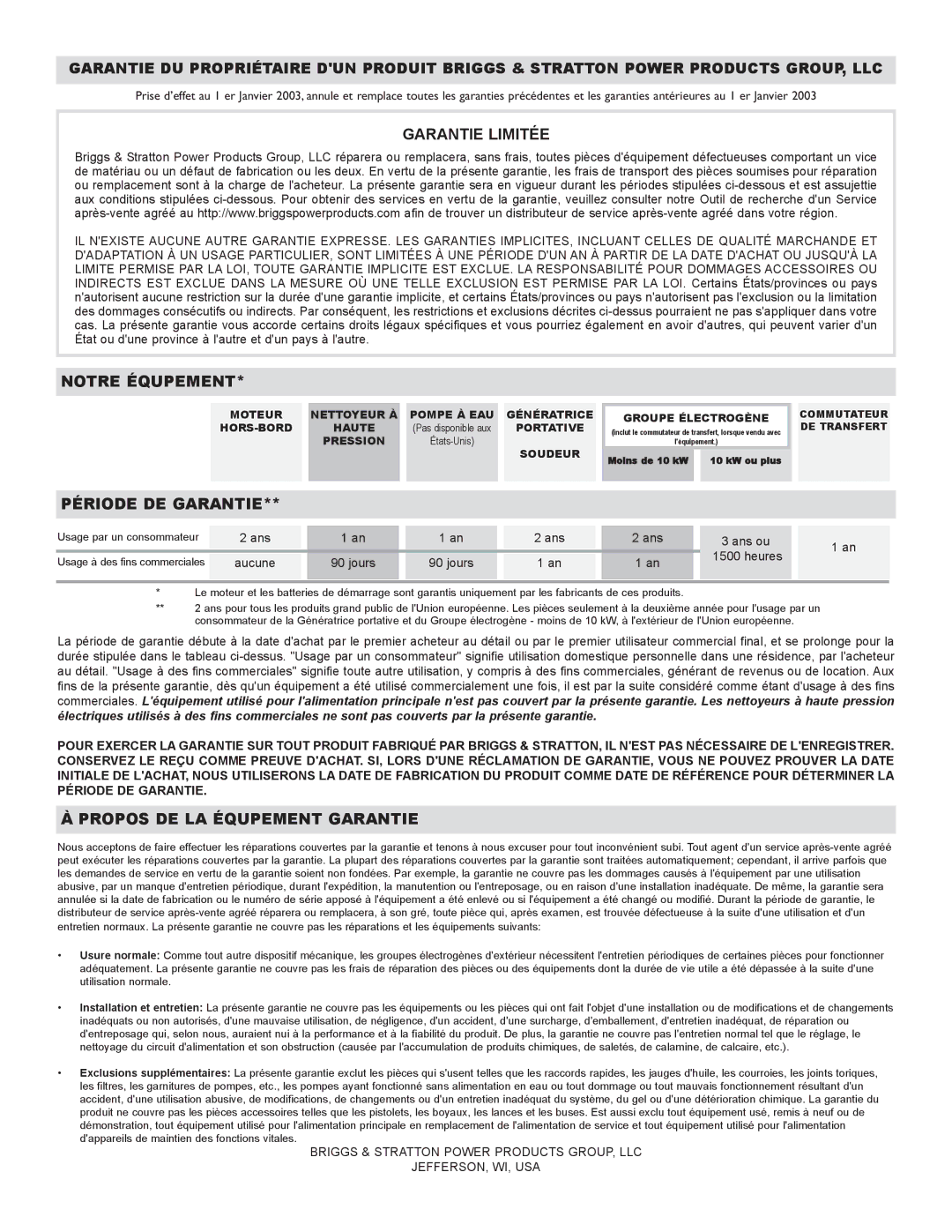 Briggs & Stratton 01813-0, 01814-0 owner manual Garantie Limitée 