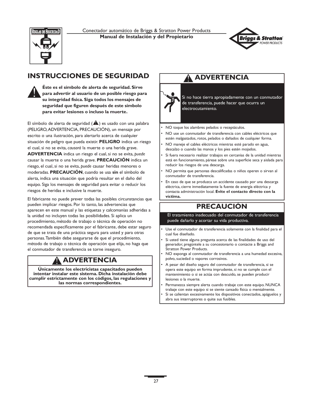 Briggs & Stratton 01813-0, 01814-0 owner manual Instrucciones DE Seguridad, Advertencia, Precaución 