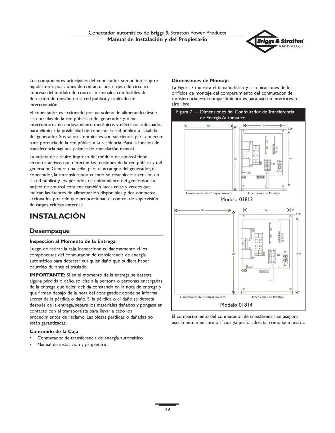 Briggs & Stratton 01813-0, 01814-0 Instalación, Desempaque, Dimensiones de Montaje, Inspección al Momento de la Entrega 