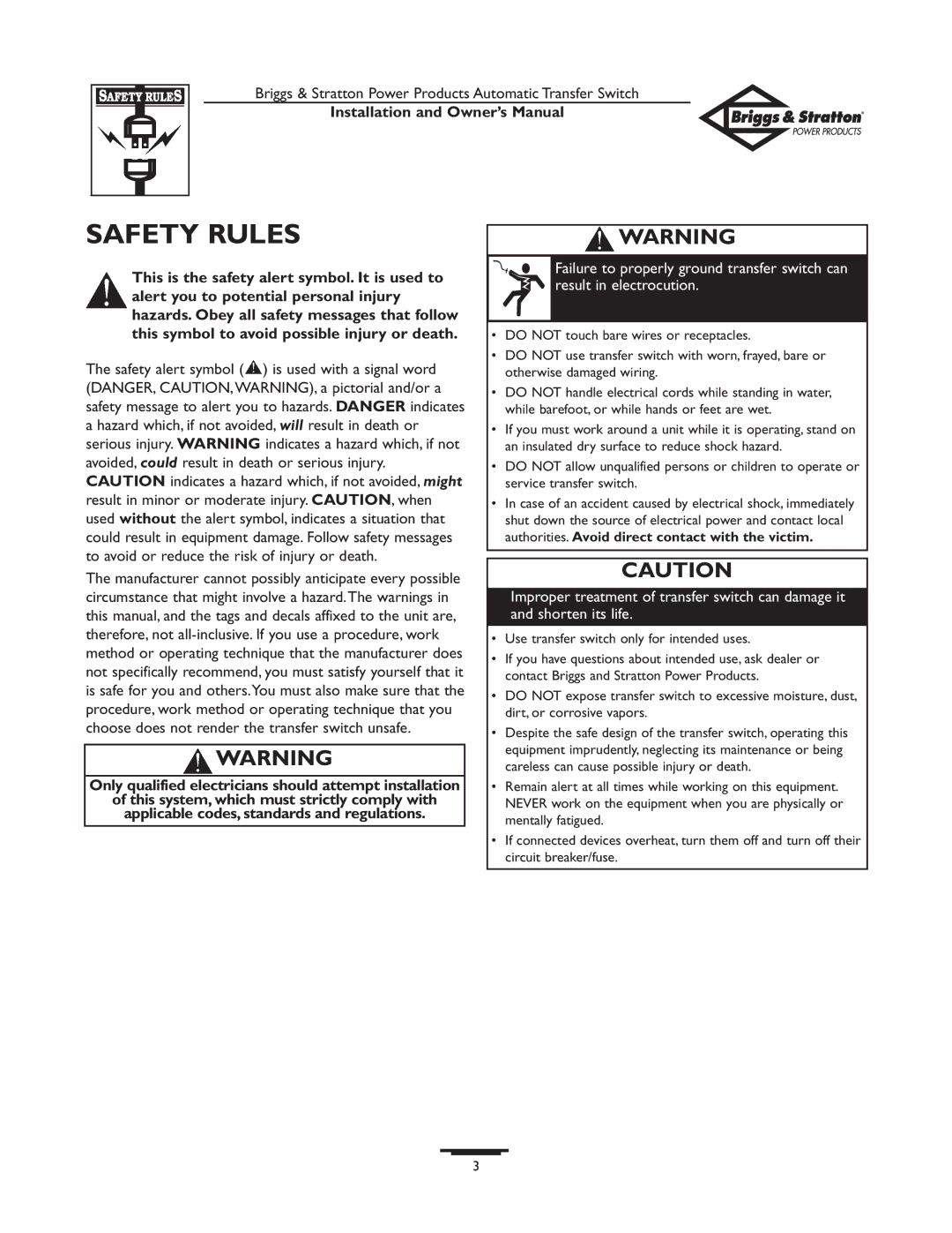 Briggs & Stratton 01813-0, 01814-0 owner manual Safety Rules, Only qualified electricians should attempt installation 