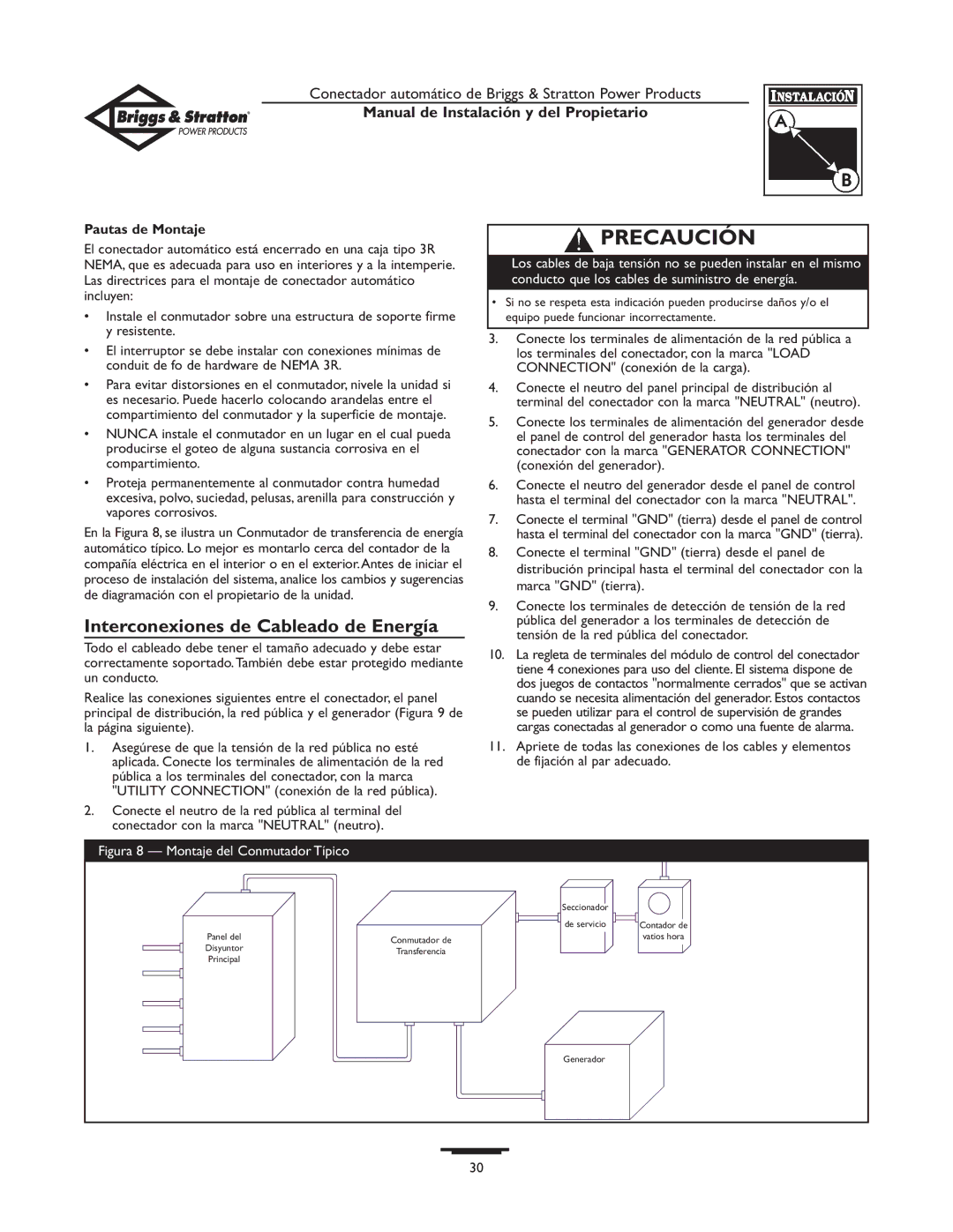 Briggs & Stratton 01814-0, 01813-0 owner manual Interconexiones de Cableado de Energía, Pautas de Montaje 