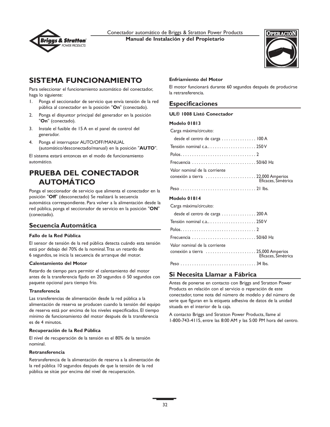 Briggs & Stratton 01814-0 Sistema Funcionamiento, Prueba DEL Conectador Automático, Secuencia Automática, Especificaciones 