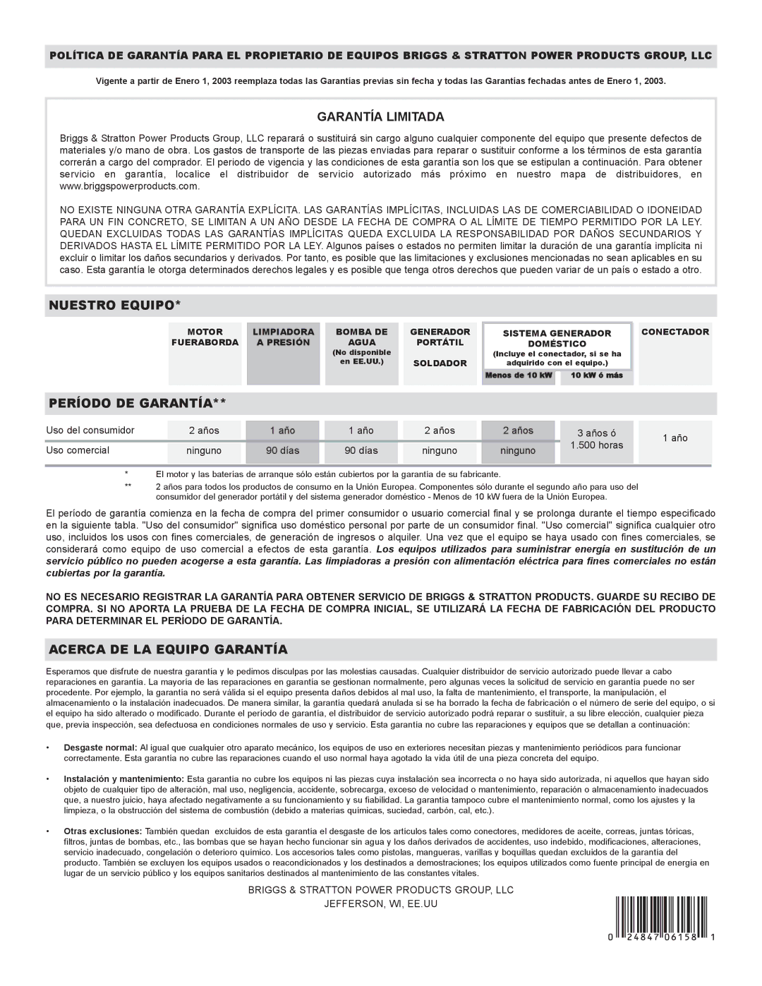 Briggs & Stratton 01814-0, 01813-0 owner manual Garantía Limitada 