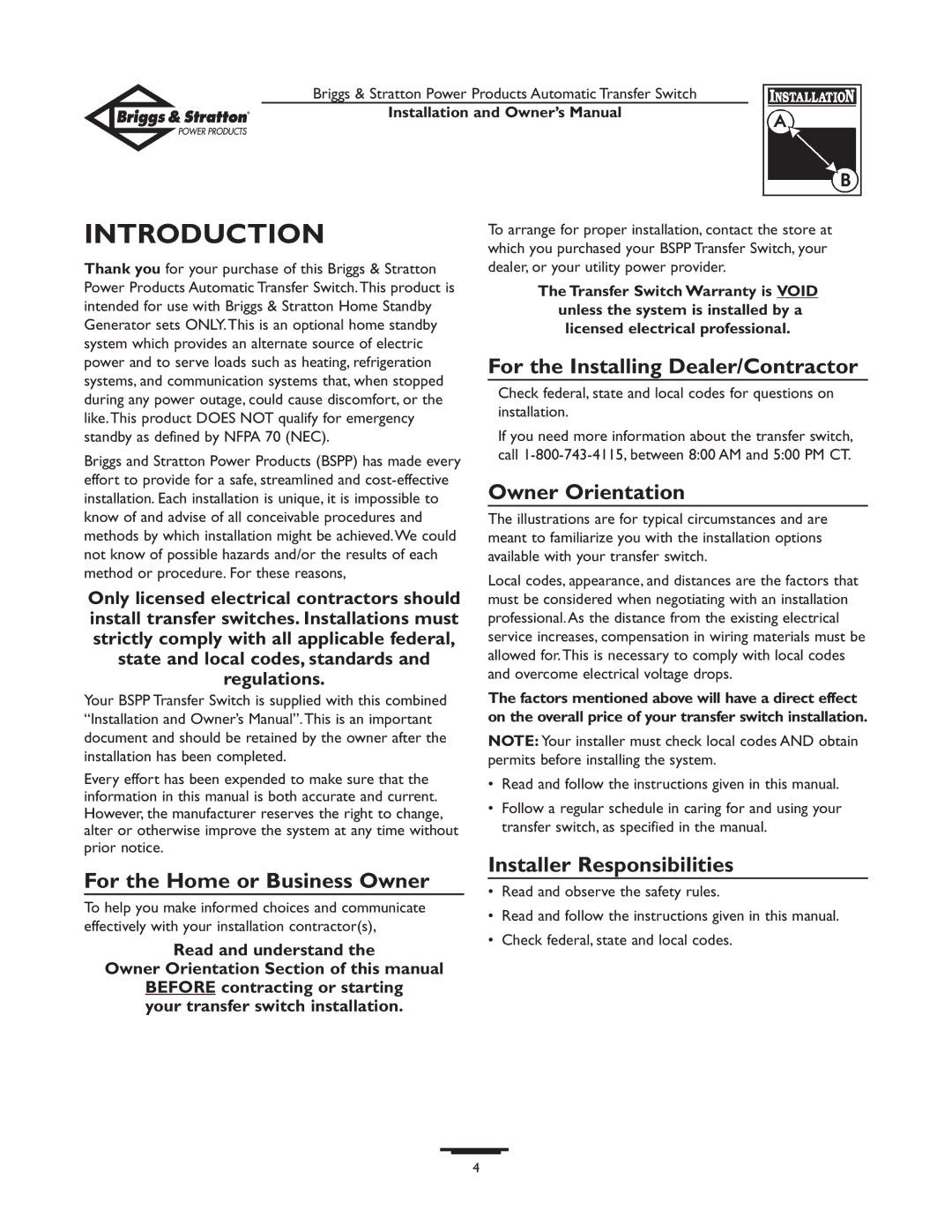 Briggs & Stratton 01814-0, 01813-0 owner manual Introduction, For the Installing Dealer/Contractor 