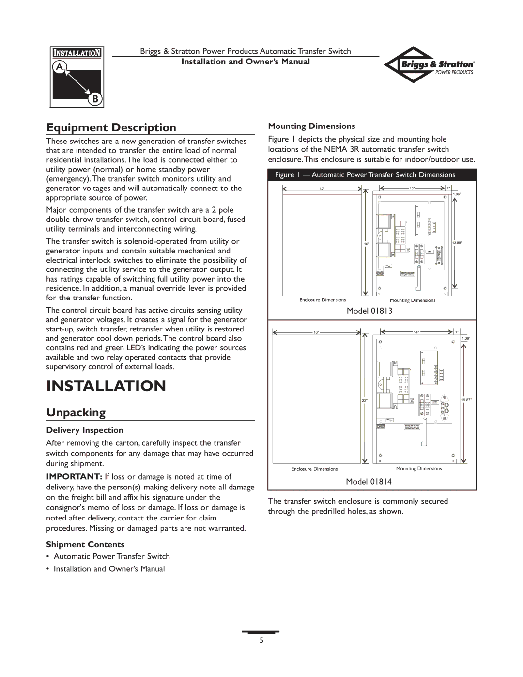 Briggs & Stratton 01813-0, 01814-0 owner manual Installation, Mounting Dimensions, Delivery Inspection, Shipment Contents 