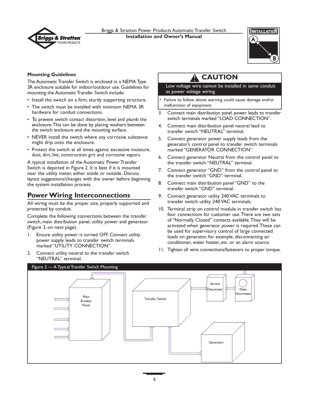 Briggs & Stratton 01814-0, 01813-0 owner manual Power Wiring Interconnections, Mounting Guidelines 