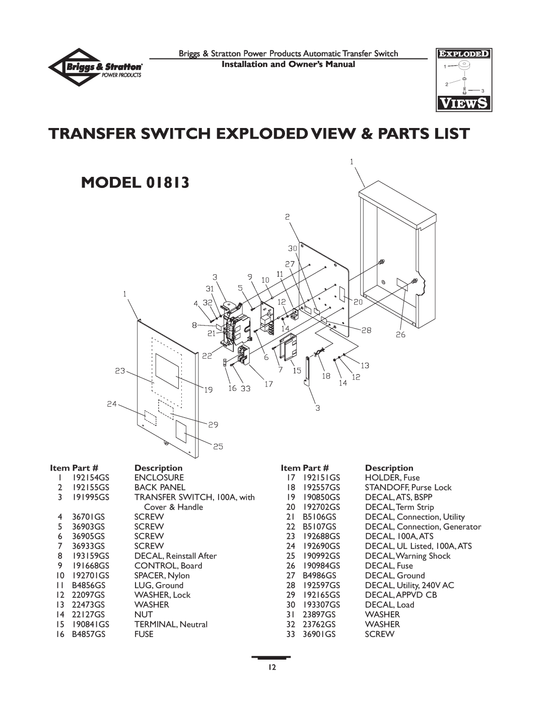 Briggs & Stratton 01814-0 Transfer Switch Exploded View & Parts List Model, Description, Installation and Owner’s Manual 
