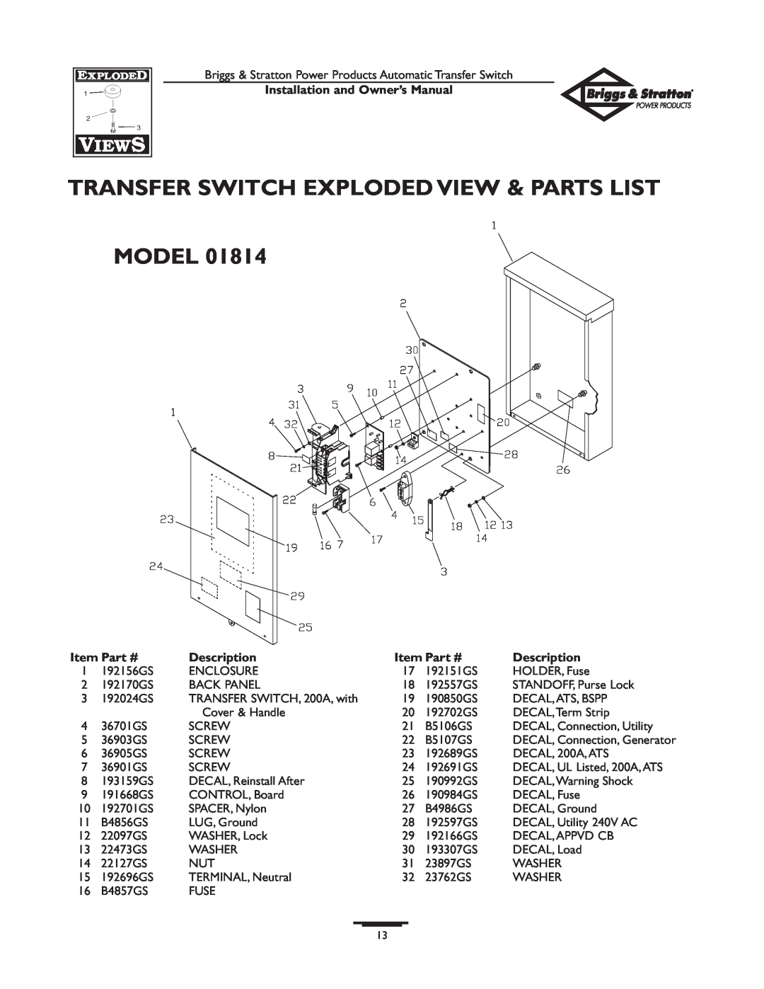 Briggs & Stratton 01813-0 Transfer Switch Exploded View & Parts List Model, Installation and Owner’s Manual, Description 
