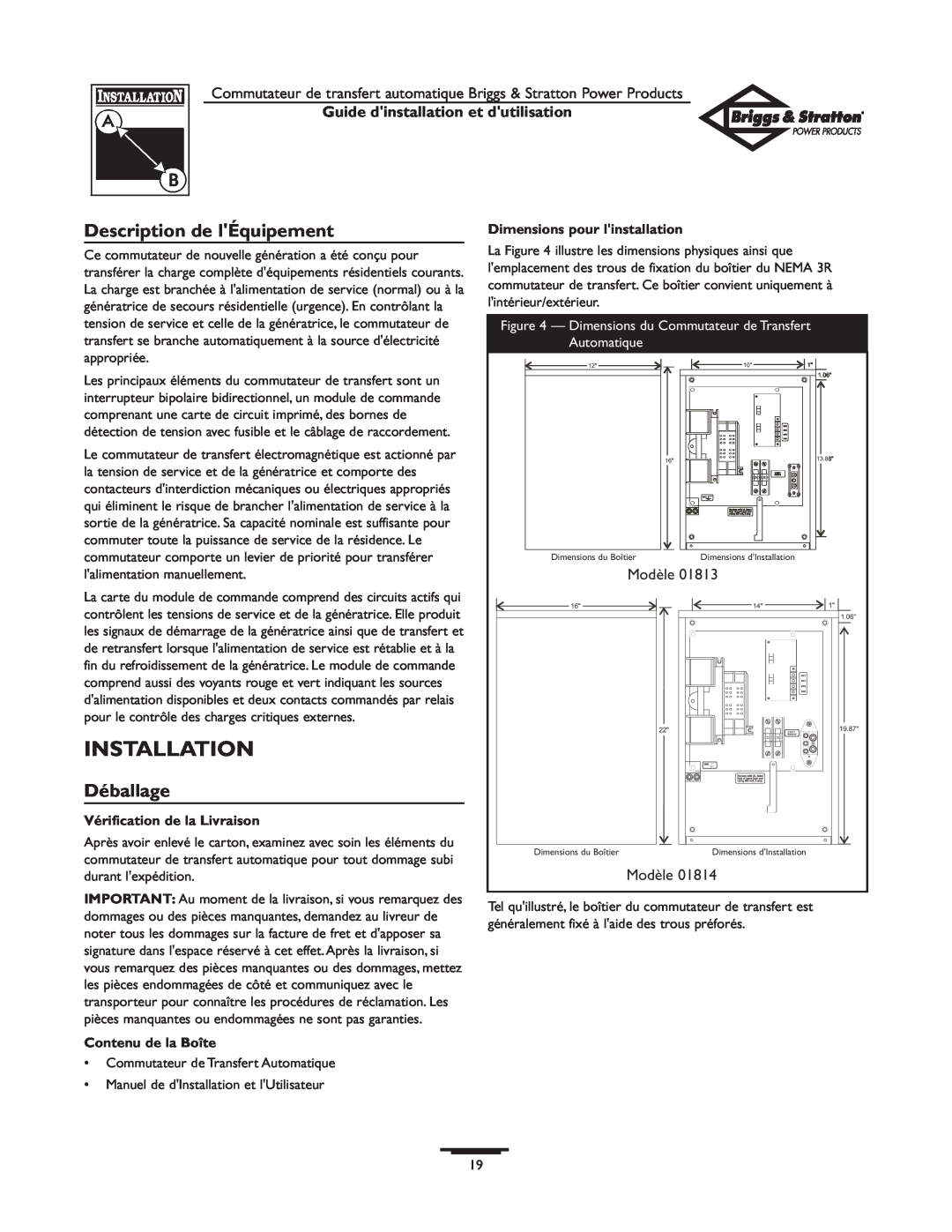 Briggs & Stratton 01813-0 Installation, Description de lÉquipement, Déballage, Guide dinstallation et dutilisation 