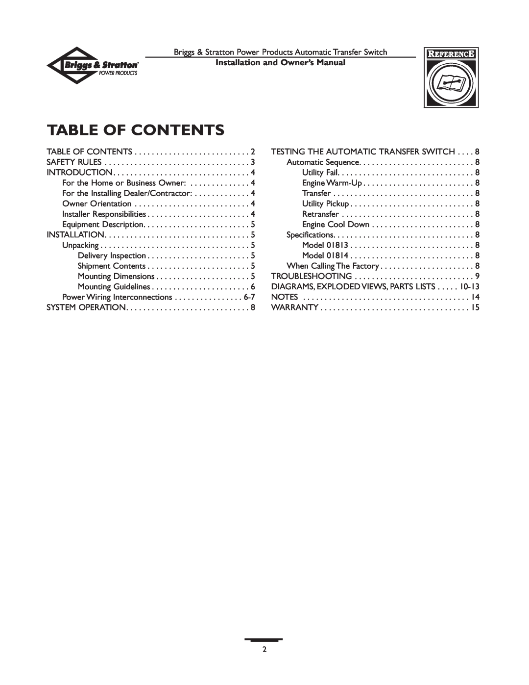 Briggs & Stratton 01814-0, 01813-0 owner manual Table Of Contents, Installation and Owner’s Manual 