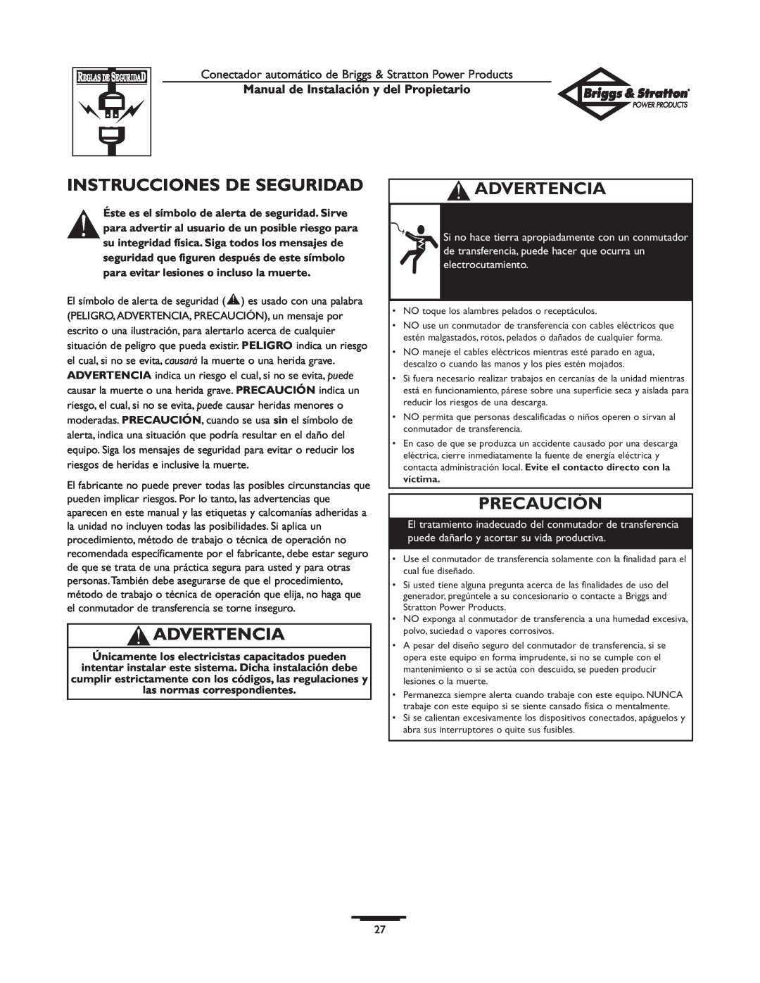 Briggs & Stratton 01813-0 Instrucciones De Seguridad, Advertencia, Precaución, Manual de Instalación y del Propietario 