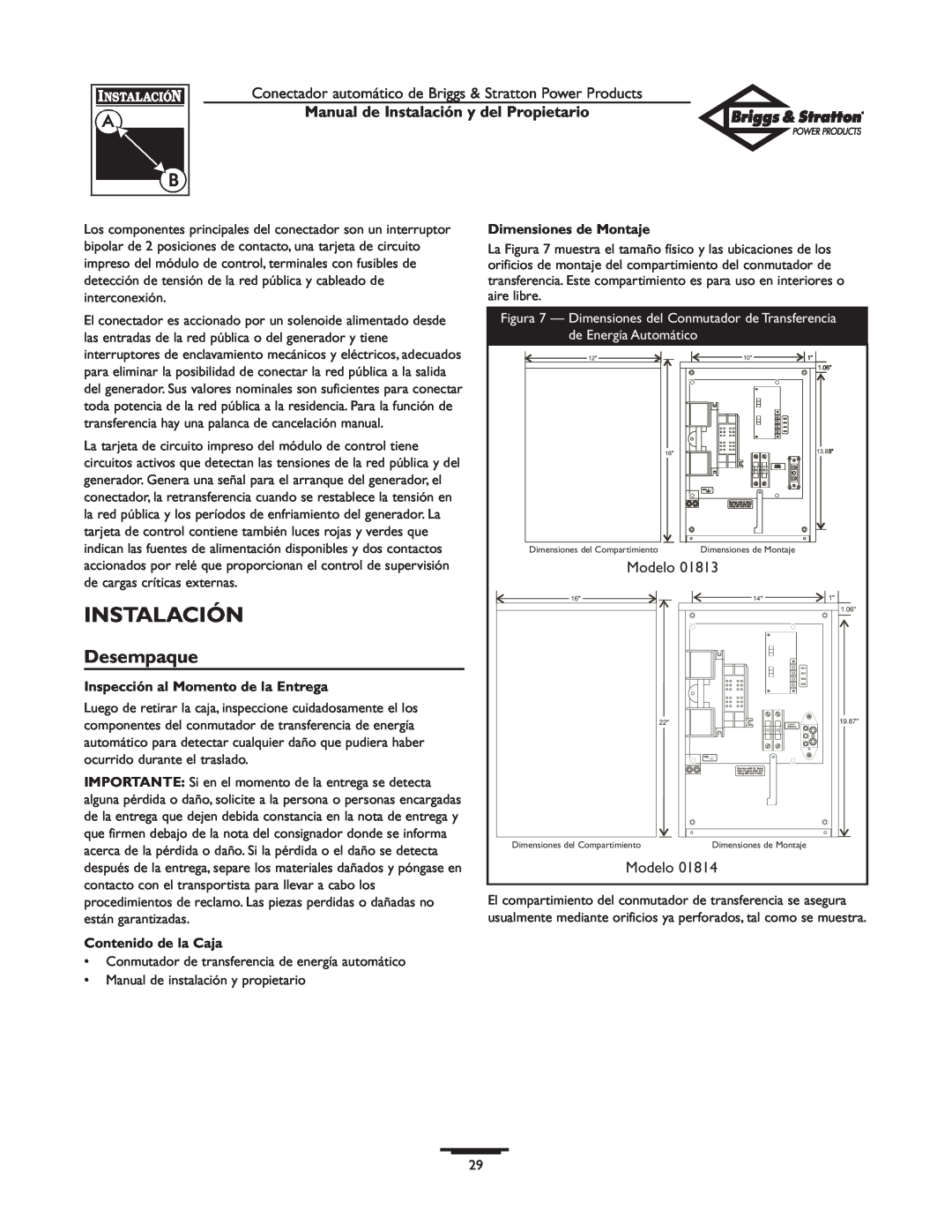 Briggs & Stratton 01813-0, 01814-0 Desempaque, Manual de Instalación y del Propietario, Dimensiones de Montaje 