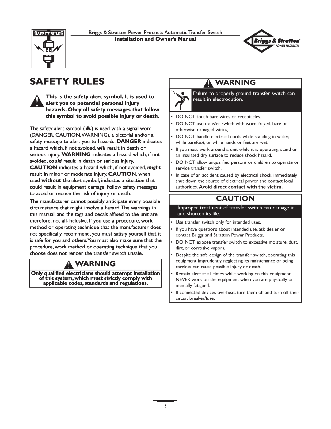 Briggs & Stratton 01813-0, 01814-0 owner manual Safety Rules, Only qualified electricians should attempt installation 