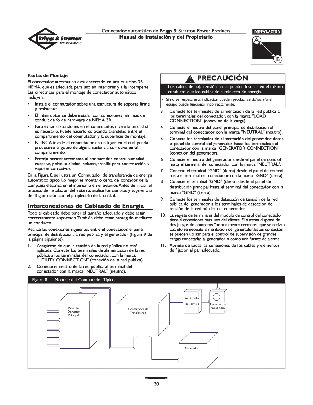 Briggs & Stratton 01814-0 Interconexiones de Cableado de Energía, Precaución, Manual de Instalación y del Propietario 