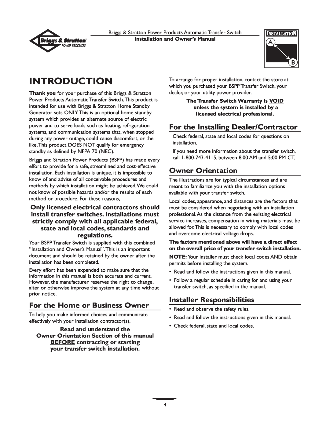 Briggs & Stratton 01814-0, 01813-0 owner manual Introduction, For the Installing Dealer/Contractor, Owner Orientation 