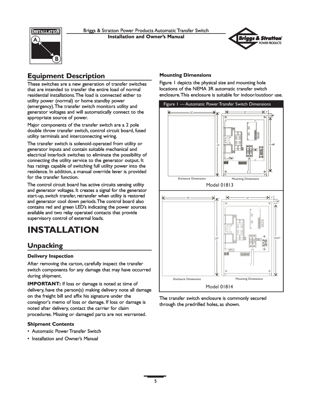 Briggs & Stratton 01813-0 Installation, Equipment Description, Unpacking, Mounting Dimensions, Delivery Inspection 