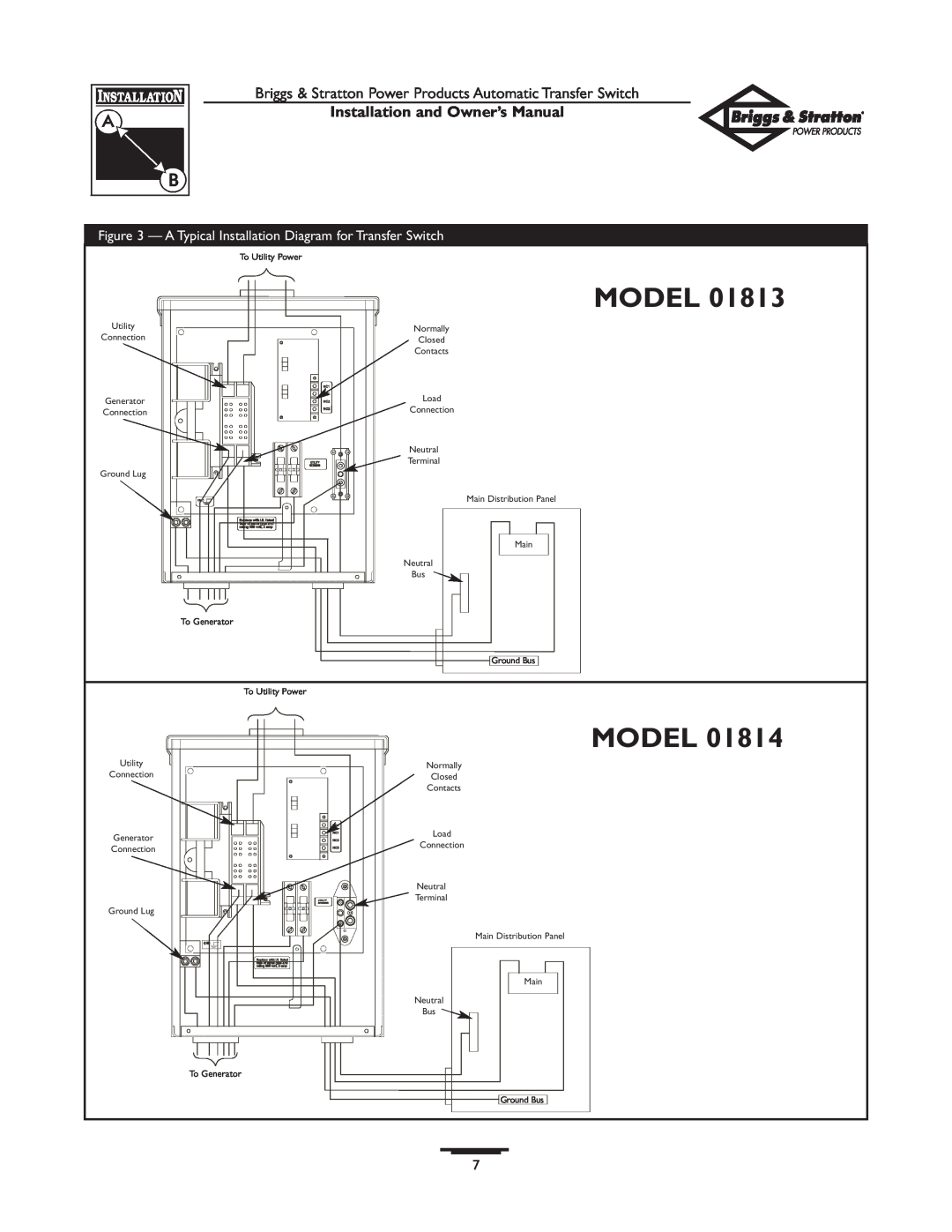 Briggs & Stratton 01813-0 Model, Installation and Owner’s Manual, A Typical Installation Diagram for Transfer Switch 