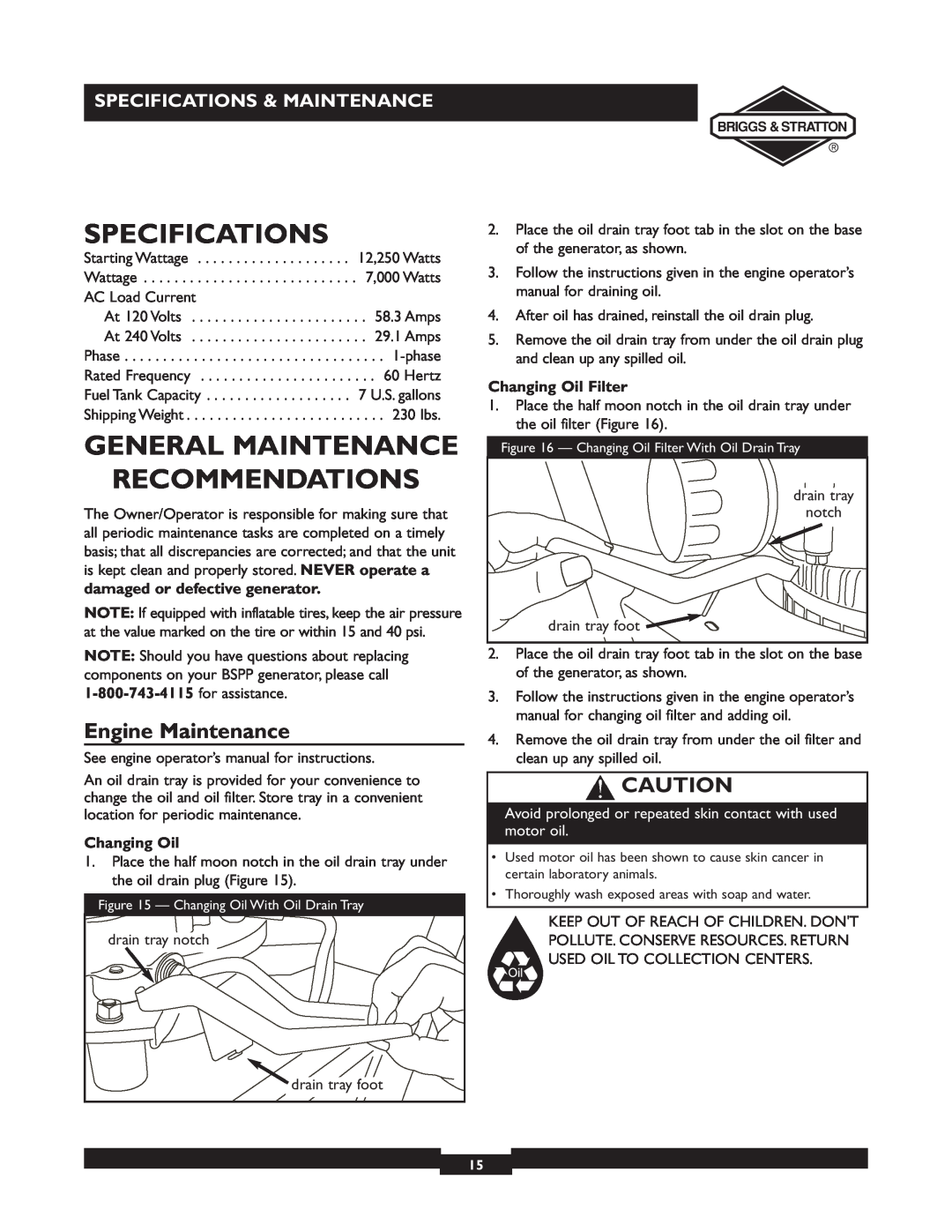 Briggs & Stratton 01894-1 manual Specifications, General Maintenance Recommendations, Engine Maintenance, Changing Oil 