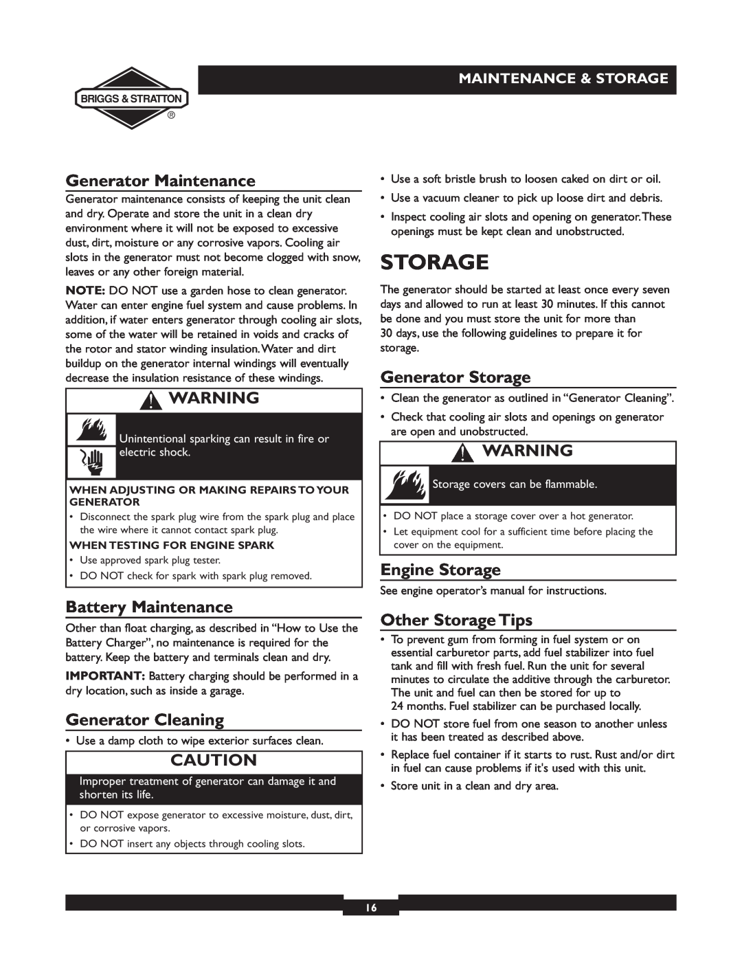 Briggs & Stratton 01894-1 manual Generator Maintenance, Battery Maintenance, Generator Cleaning, Generator Storage 