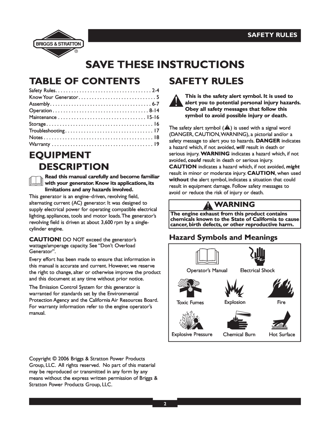 Briggs & Stratton 01894-1 manual Table Of Contents, Equipment Description, Safety Rules, Hazard Symbols and Meanings 