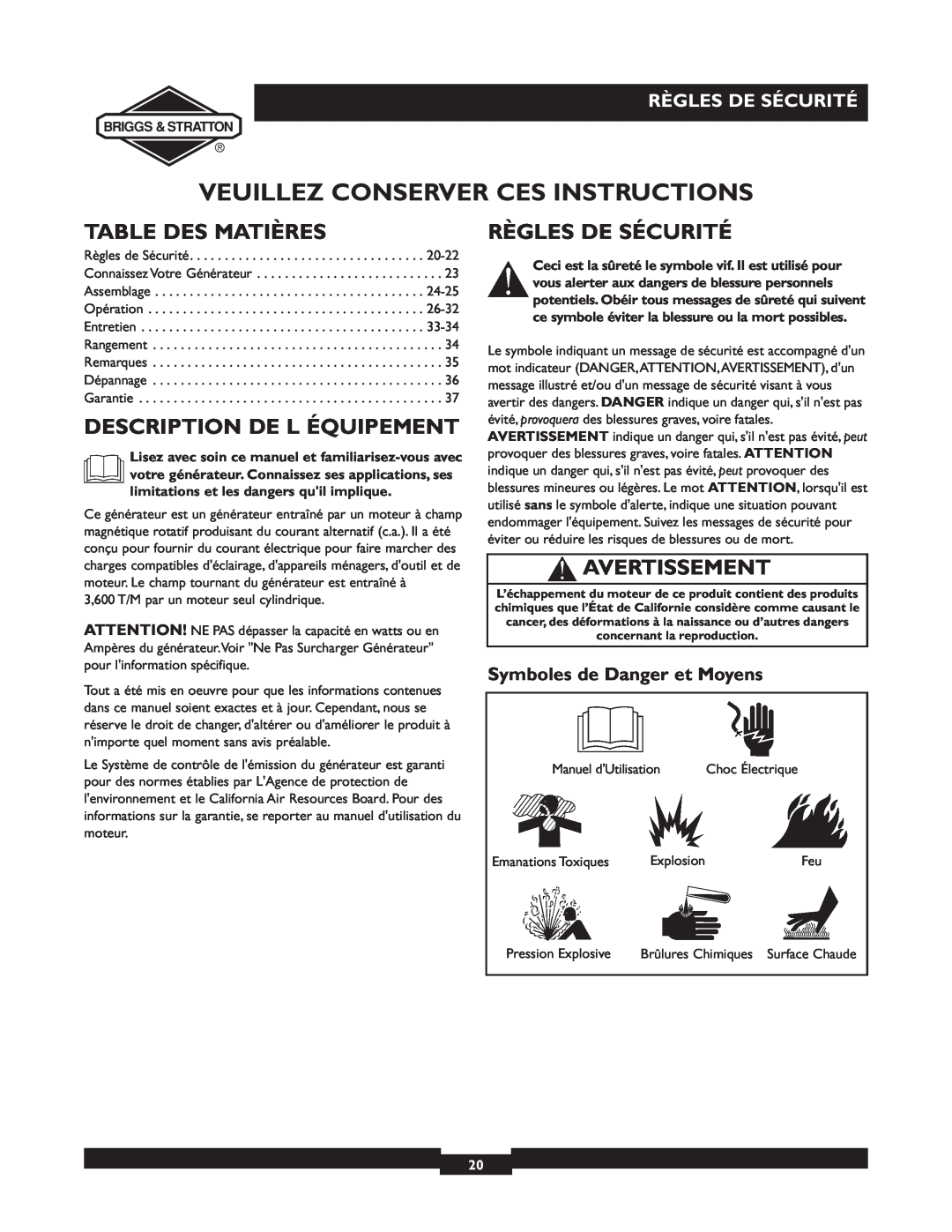 Briggs & Stratton 01894-1 manual Veuillez Conserver Ces Instructions, Table Des Matières, Description De L Équipement 