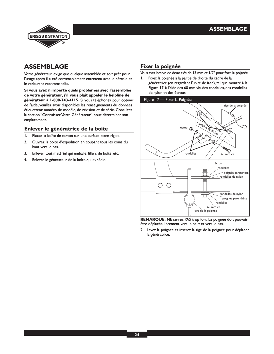 Briggs & Stratton 01894-1 manual Assemblage, Enlever le génératrice de la boite, Fixer la poignée, Fixer la Poignée 