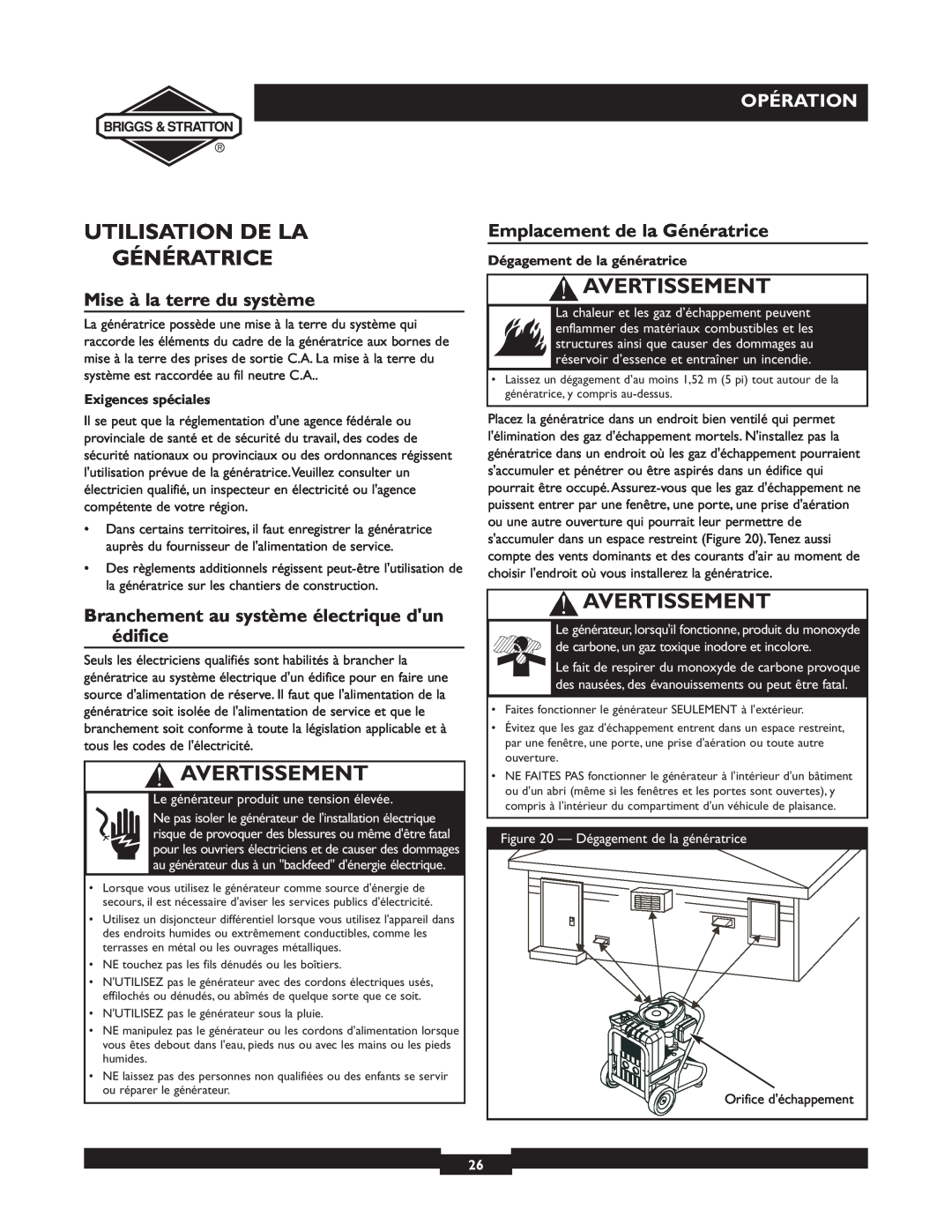 Briggs & Stratton 01894-1 manual Utilisation De La Génératrice, Mise à la terre du système, Opération, Avertissement 