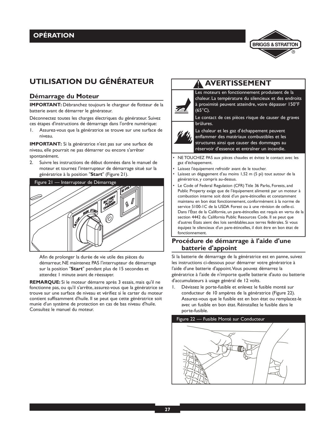 Briggs & Stratton 01894-1 manual Utilisation Du Générateur, Démarrage du Moteur, Avertissement, Opération 