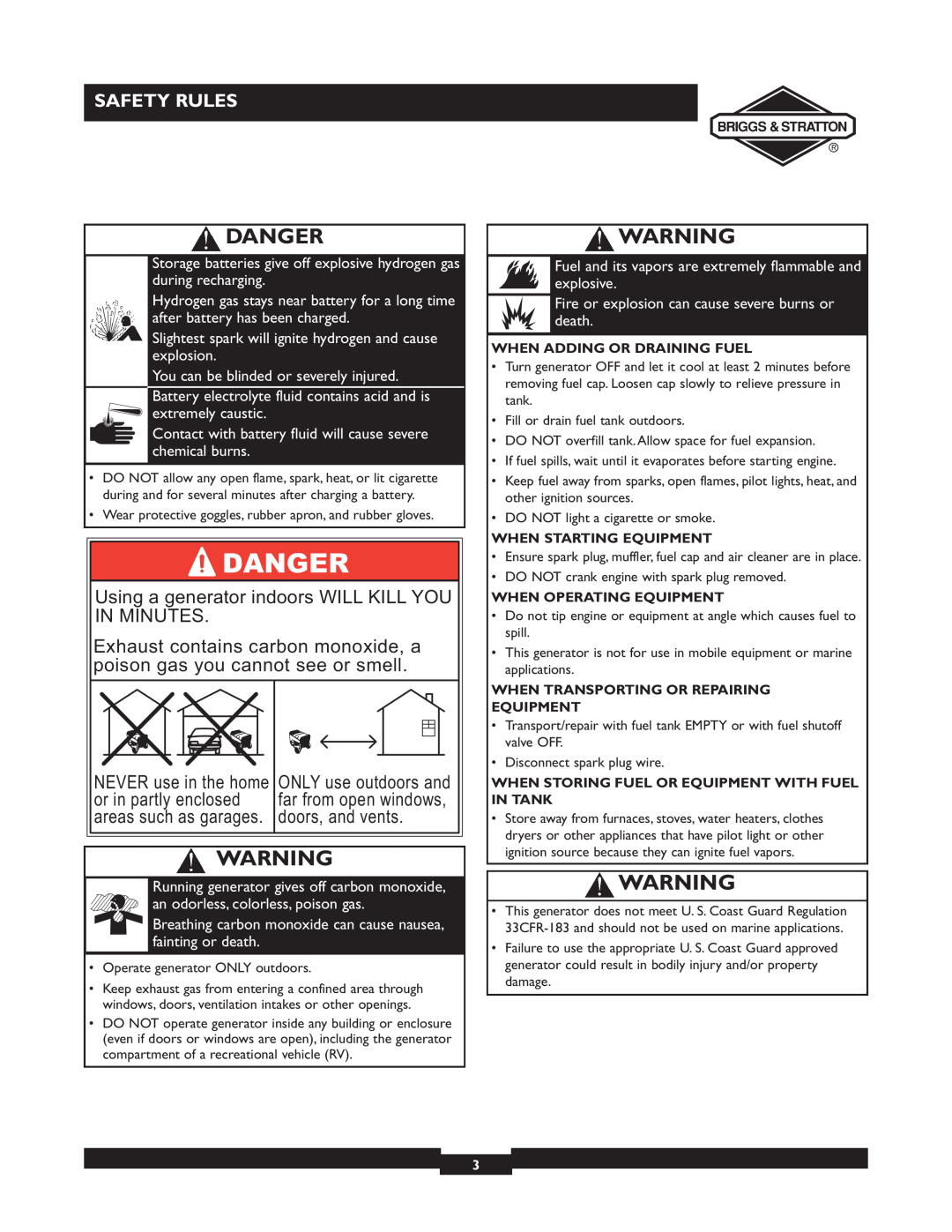 Briggs & Stratton 01894-1 manual Danger, Using a generator indoors WILL KILL YOU IN MINUTES, Safety Rules 