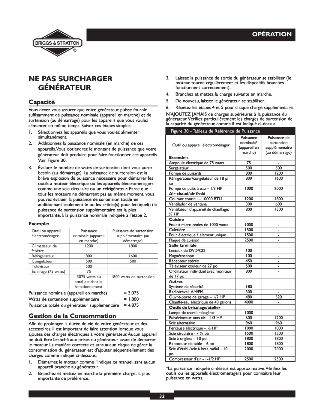 Briggs & Stratton 01894-1 manual Ne Pas Surcharger Générateur, Capacité, Gestion de la Consommation, Opération, Exemple 