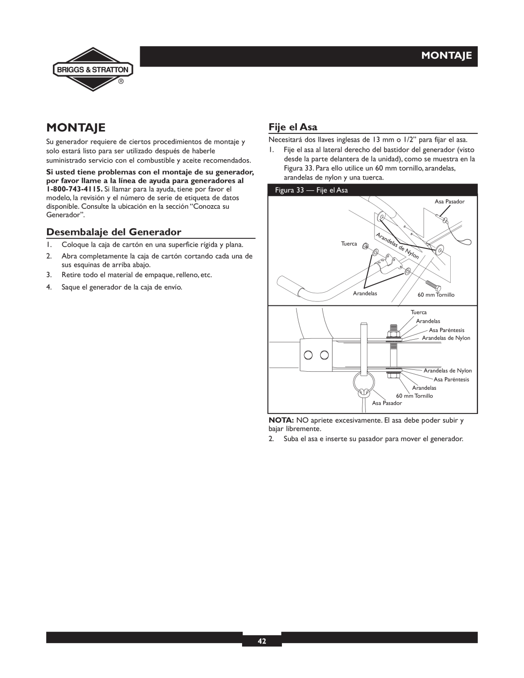 Briggs & Stratton 01894-1 manual Montaje, Desembalaje del Generador, Figura 33 - Fije el Asa 