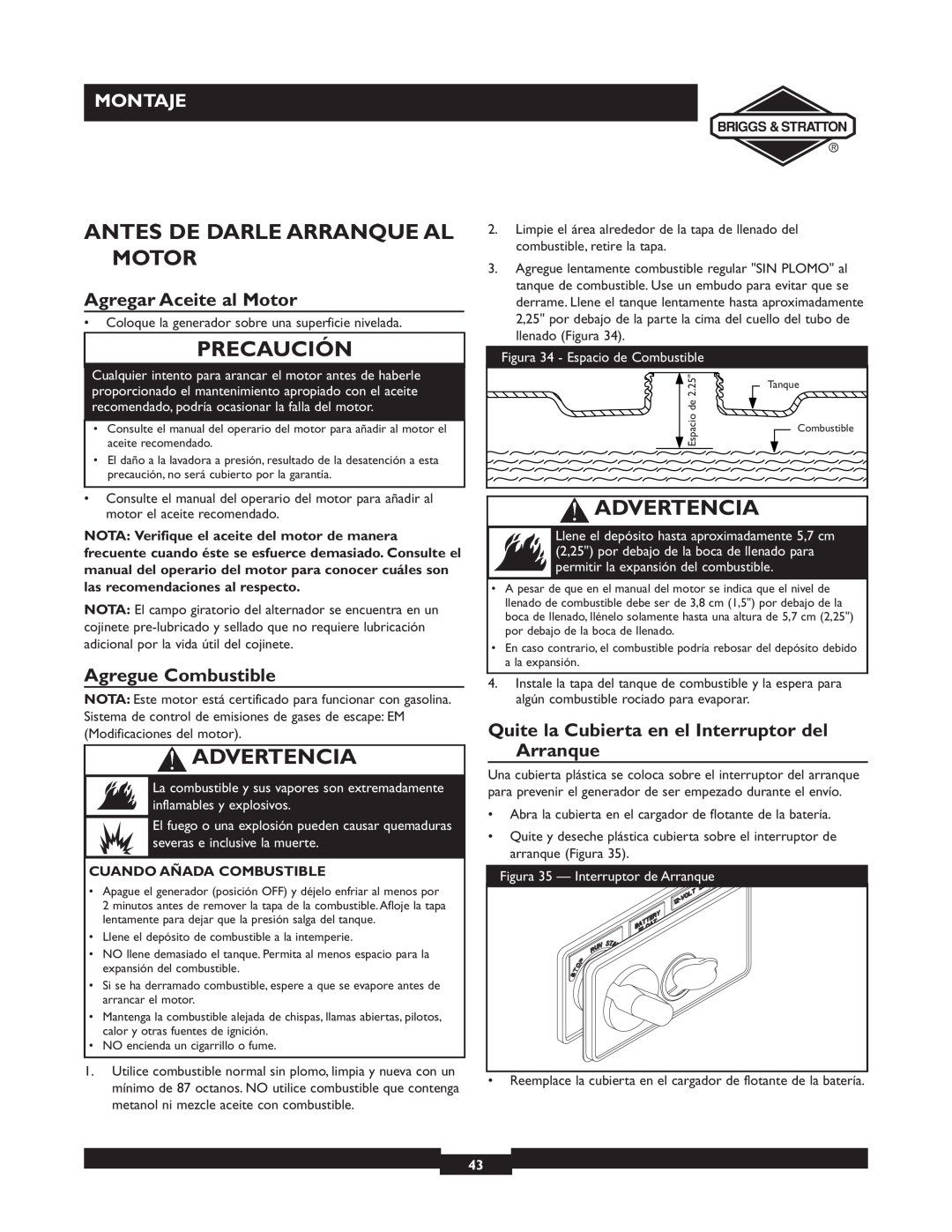 Briggs & Stratton 01894-1 manual Antes De Darle Arranque Al Motor, Agregar Aceite al Motor, Agregue Combustible, Precaución 