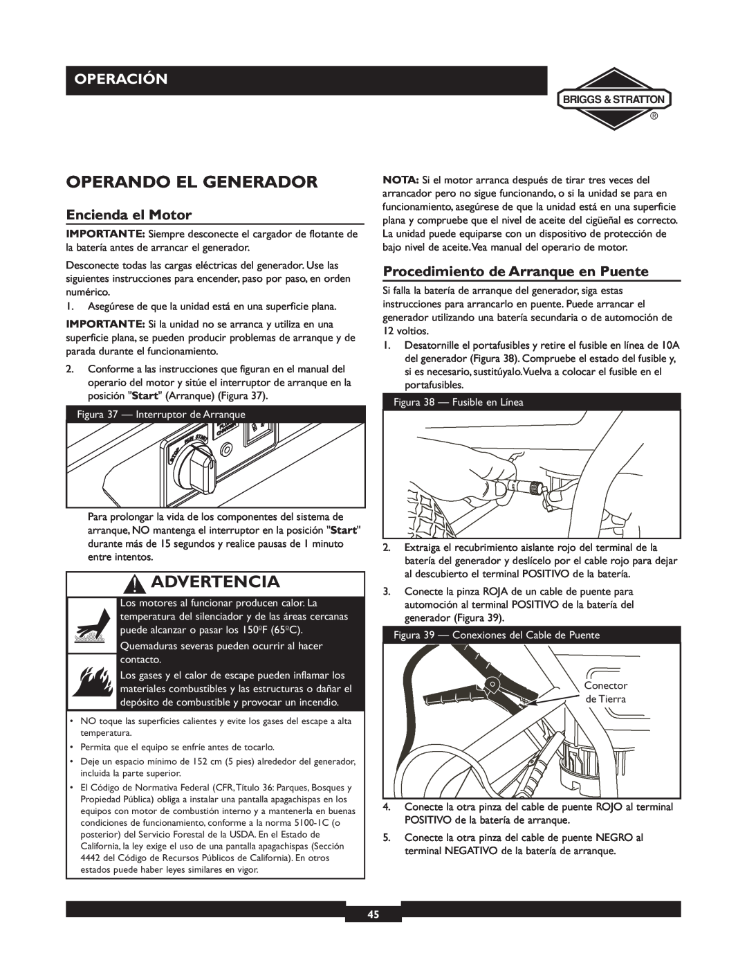 Briggs & Stratton 01894-1 manual Operando El Generador, Encienda el Motor, Procedimiento de Arranque en Puente, Advertencia 