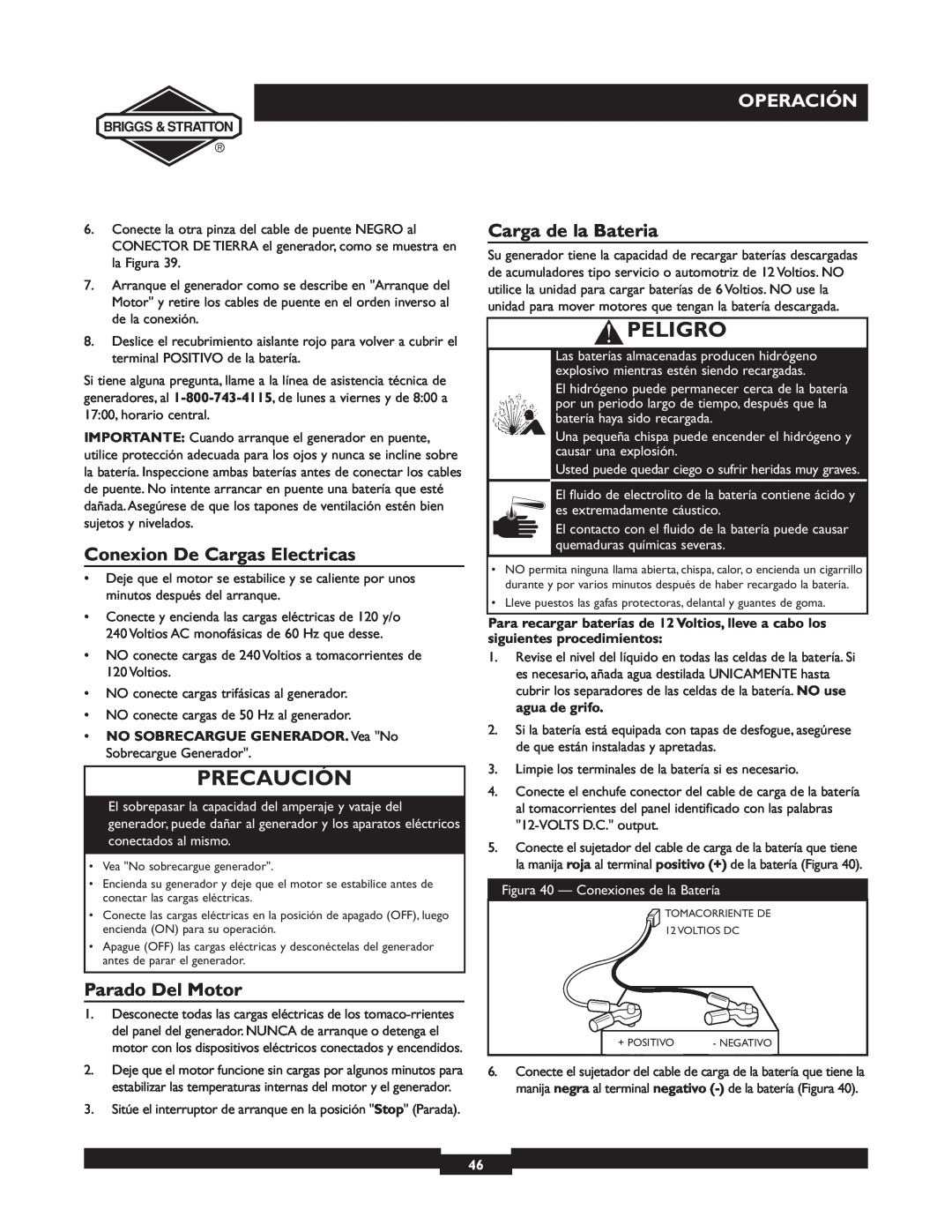 Briggs & Stratton 01894-1 manual Conexion De Cargas Electricas, Parado Del Motor, Carga de la Bateria, Precaución, Peligro 