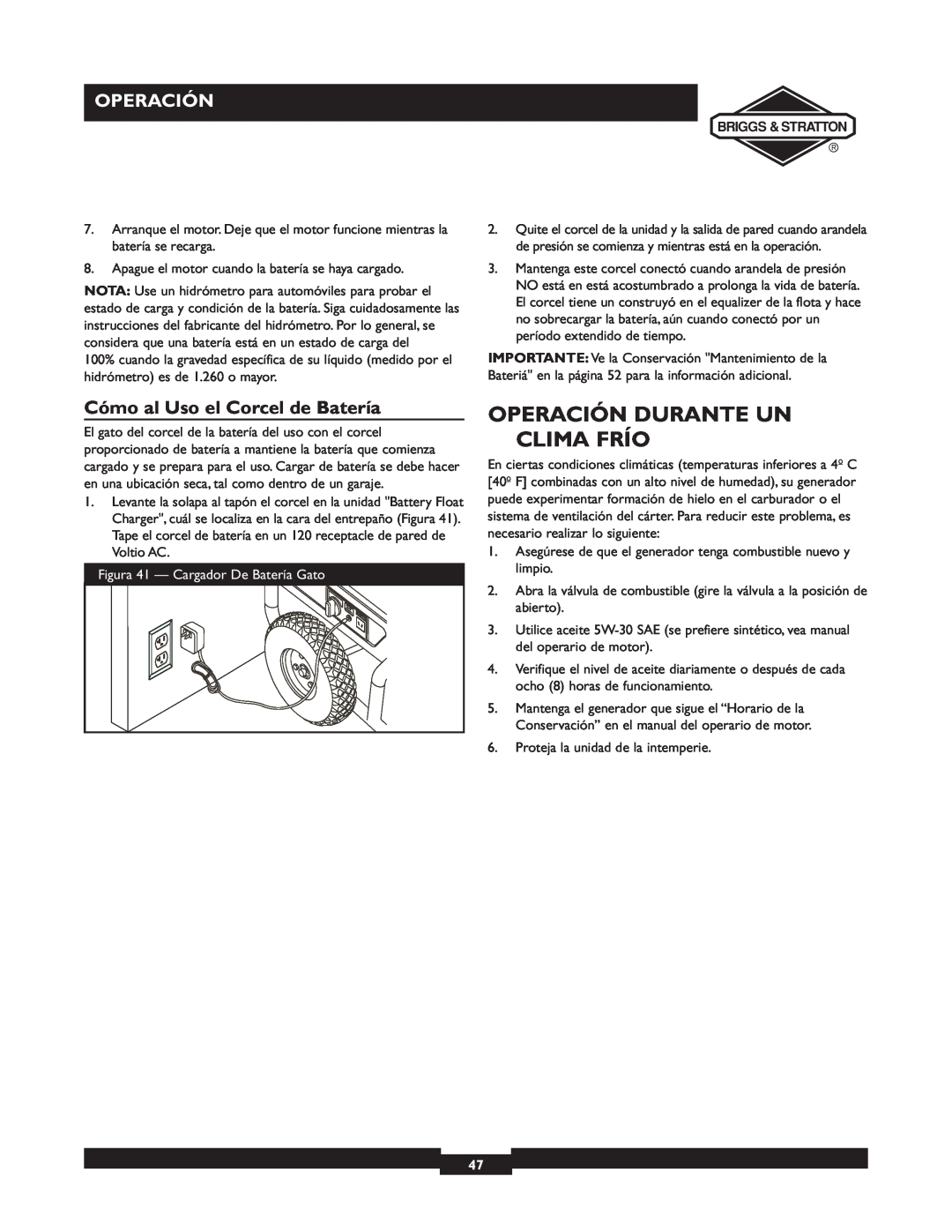 Briggs & Stratton 01894-1 manual Operación Durante Un, Clima Frío, Cómo al Uso el Corcel de Batería 