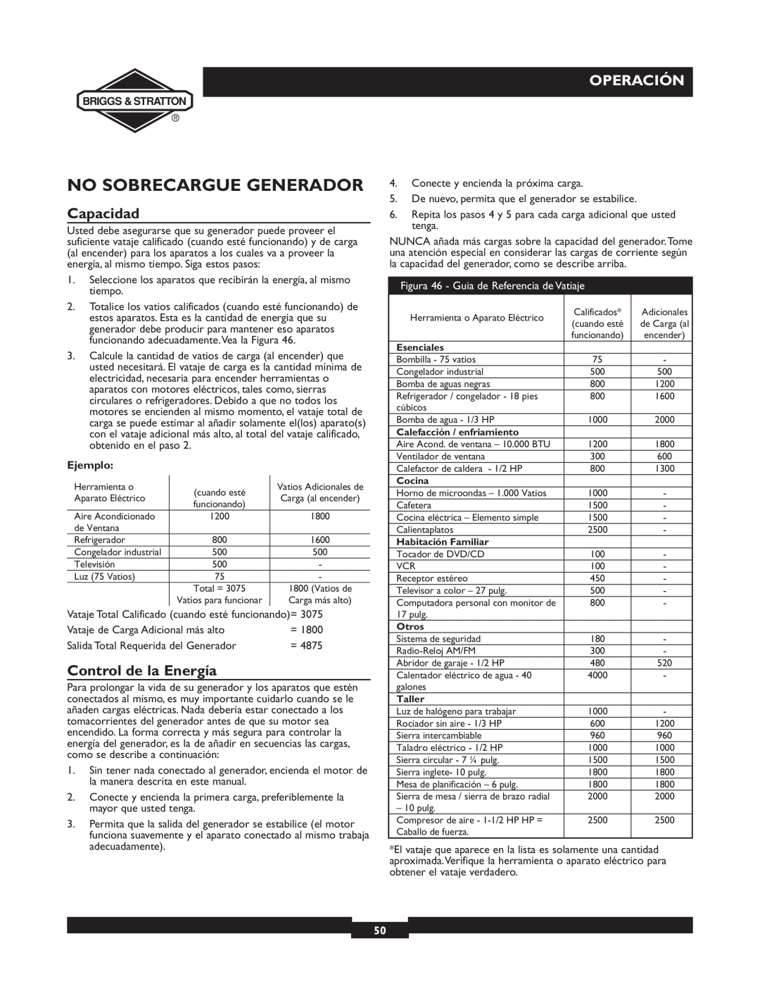 Briggs & Stratton 01894-1 manual No Sobrecargue Generador, Capacidad, Control de la Energía, Operación, Ejemplo 
