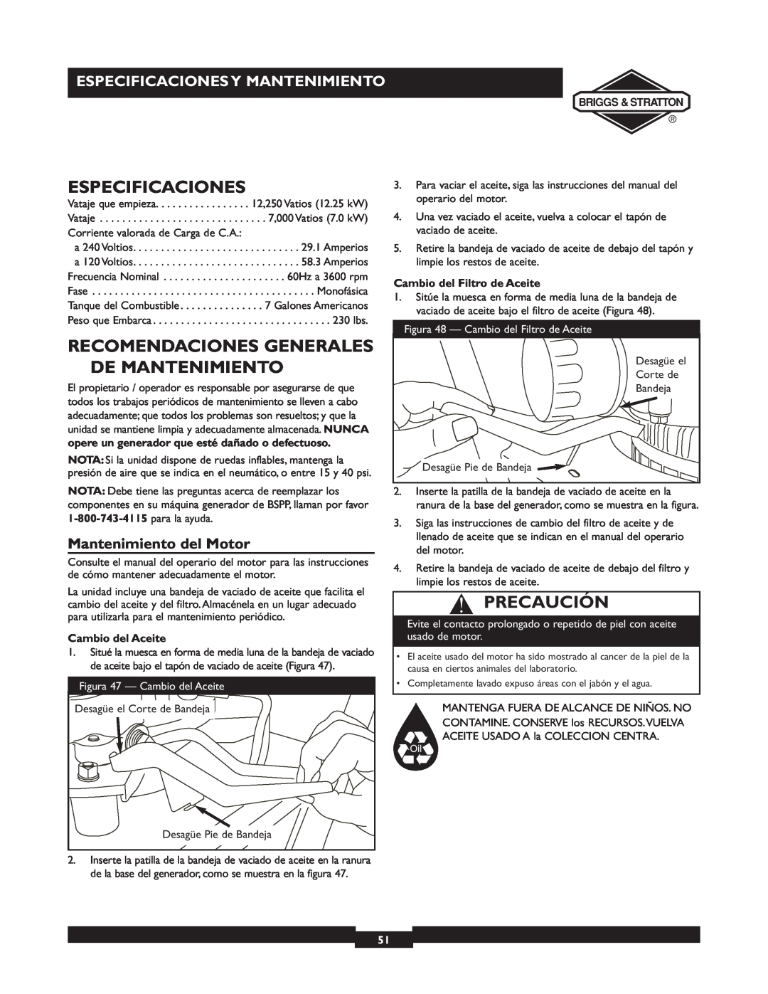 Briggs & Stratton 01894-1 Recomendaciones Generales De Mantenimiento, Especificaciones Y Mantenimiento, Precaución 