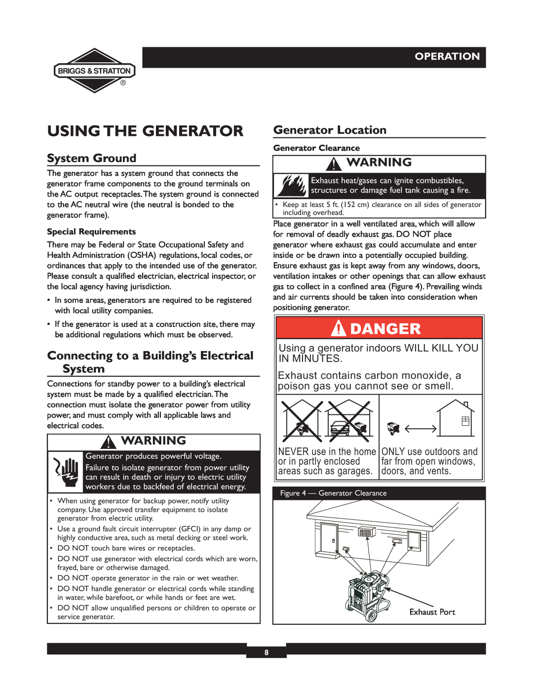 Briggs & Stratton 01894-1 Using The Generator, System Ground, Connecting to a Building’s Electrical System, Operation 