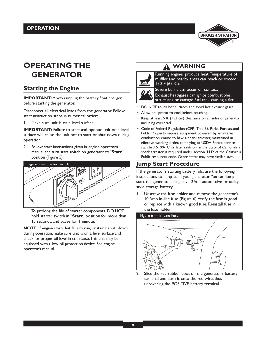 Briggs & Stratton 01894-1 manual Operating The Generator, Starting the Engine, Jump Start Procedure, Operation 