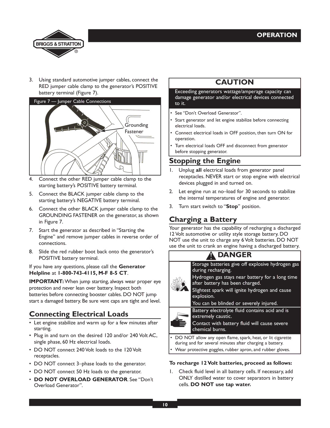 Briggs & Stratton 01894-1 manual Connecting Electrical Loads, Stopping the Engine, Charging a Battery 