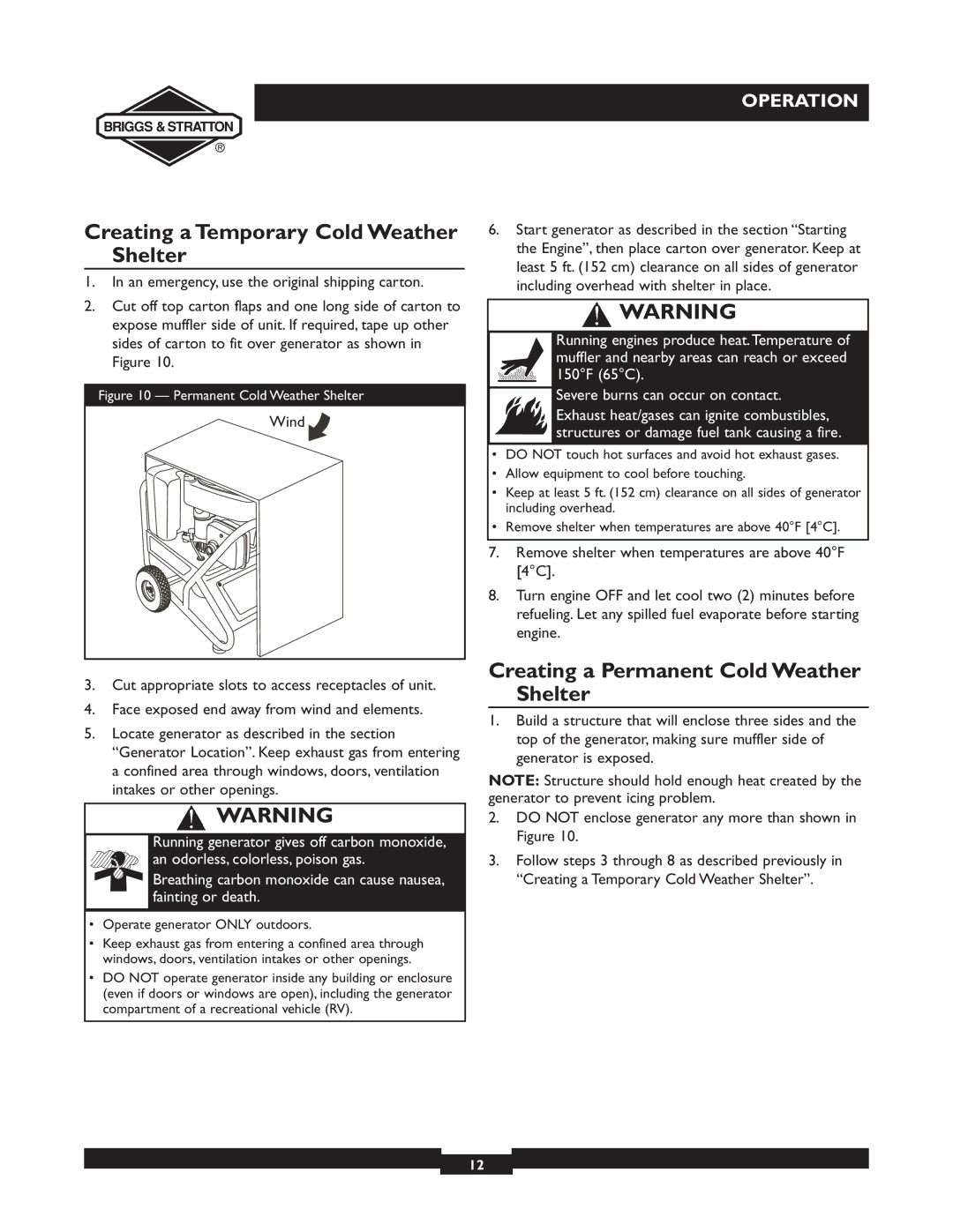 Briggs & Stratton 01894-1 manual Creating a Temporary Cold Weather Shelter, Creating a Permanent Cold Weather Shelter 