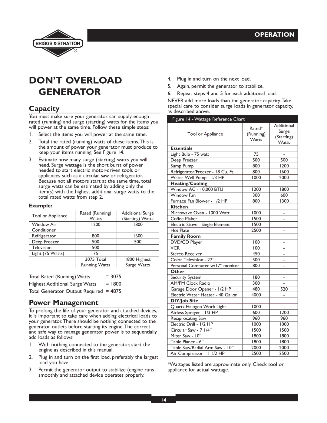 Briggs & Stratton 01894-1 manual DON’T Overload Generator, Capacity, Power Management, Example 