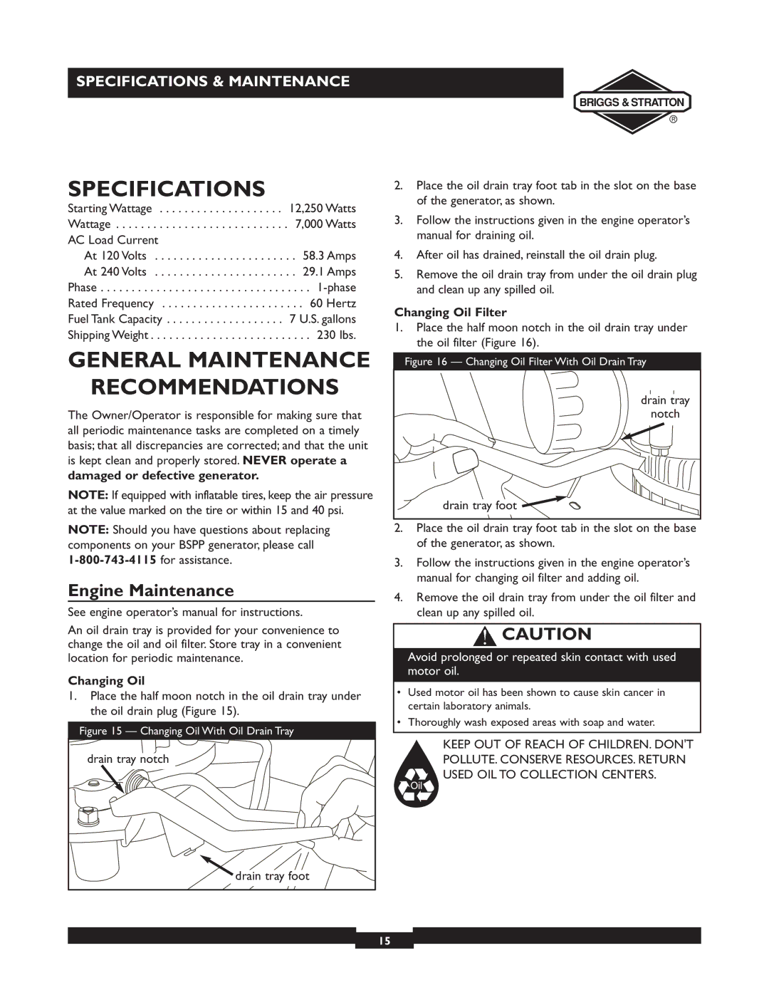 Briggs & Stratton 01894-1 manual Specifications, General Maintenance Recommendations, Engine Maintenance 