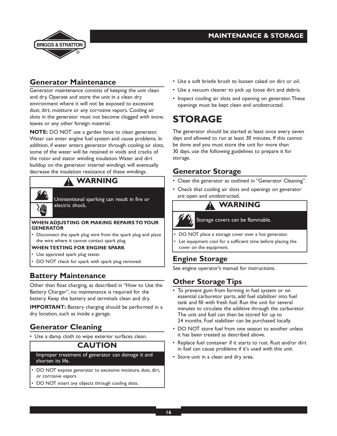 Briggs & Stratton 01894-1 manual Storage 