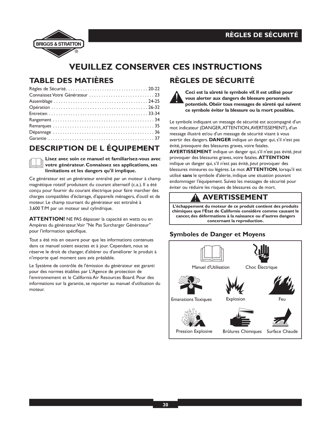 Briggs & Stratton 01894-1 manual Table DES Matières, Description DE L Équipement, Règles DE Sécurité, Avertissement 