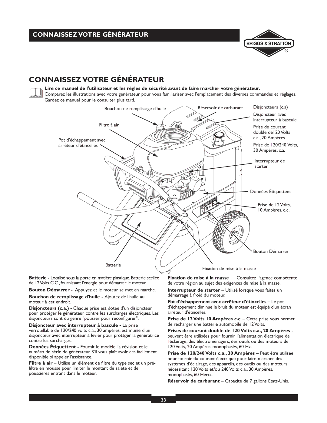 Briggs & Stratton 01894-1 manual Connaissez Votre Générateur 