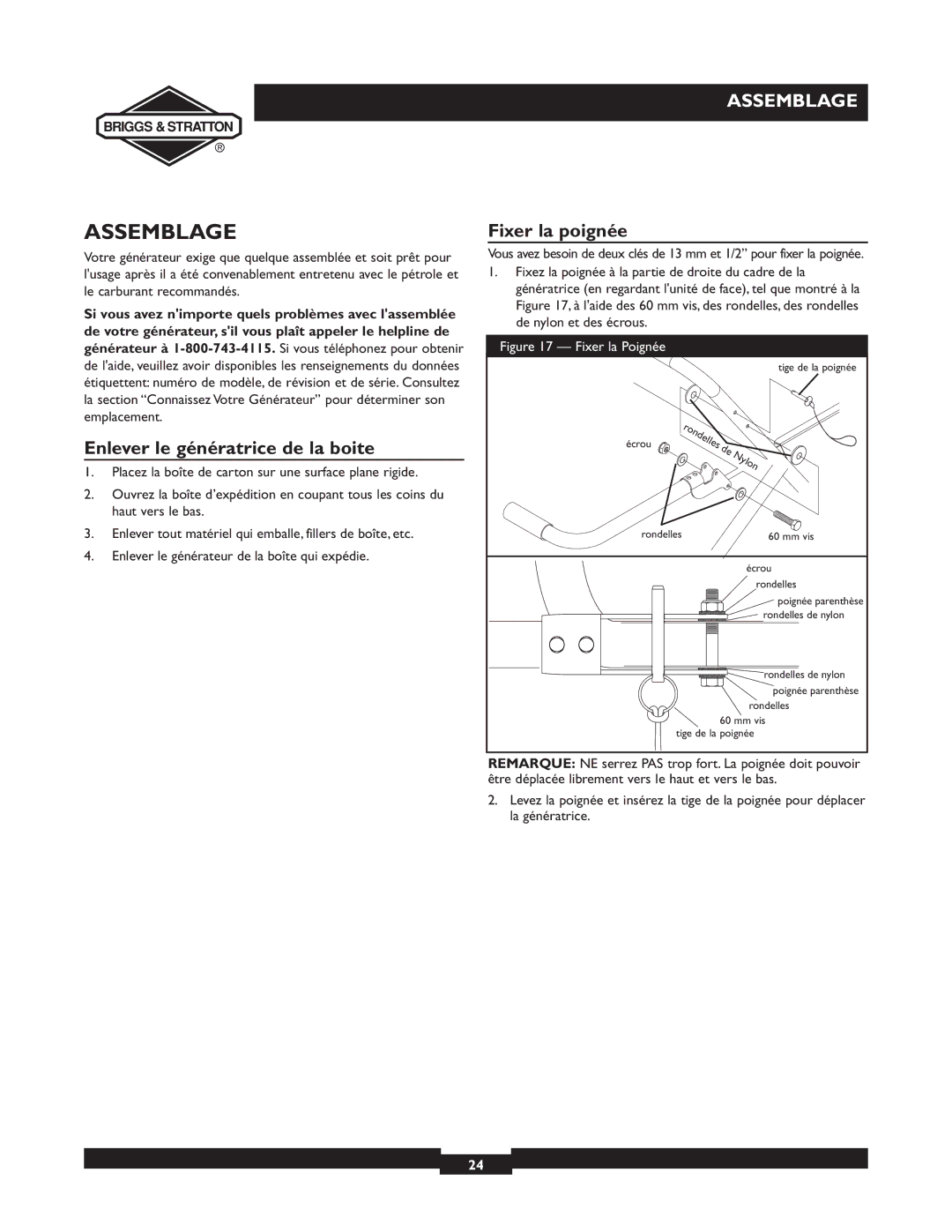 Briggs & Stratton 01894-1 manual Assemblage, Enlever le génératrice de la boite, Fixer la poignée 