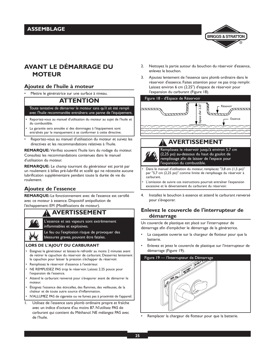 Briggs & Stratton 01894-1 manual Avant LE Démarrage DU Moteur, Ajoutez de lhuile à moteur, Ajoutez de lessence 